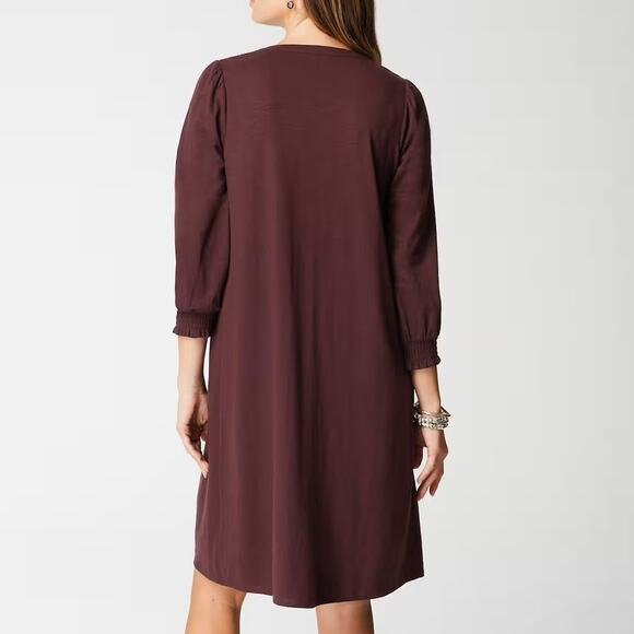 J.Jill $99 Large Spiced Wine Burgundy Cottagecore Fall Smocked Henley Dress - Picture 2 of 8